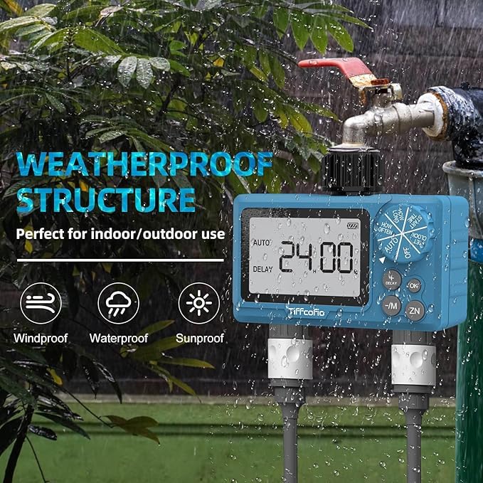 TiFFCOFiO operating with two hoses watering separate garden zones efficiently