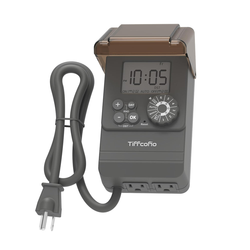 Tiffcofio front panel showing controls and two grounded outlets for convenient scheduling