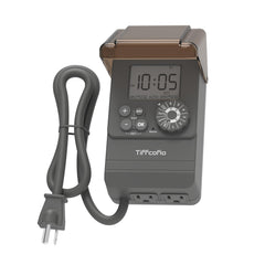 Tiffcofio front panel showing controls and two grounded outlets for convenient scheduling