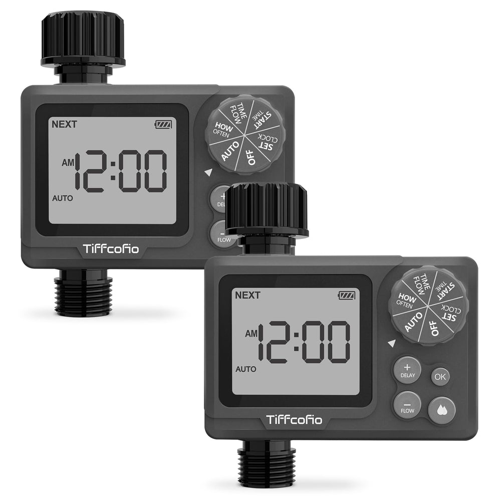 Tiffcofio front view of two digital sprinkler timers showing compact design and easy controls