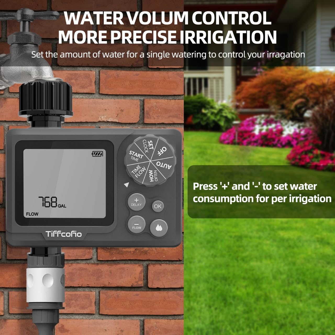 Tiffcofio installed on an outdoor faucet delivering automated watering convenience
