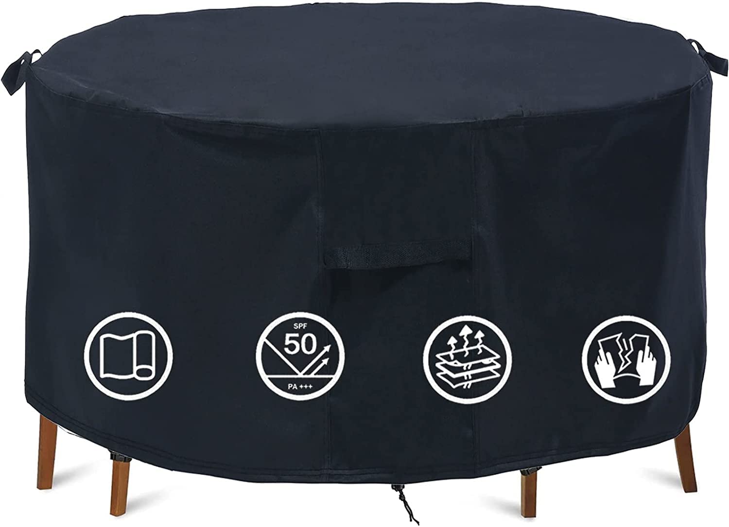 TIFILE front view of 74 inch round cover protecting patio table and chairs