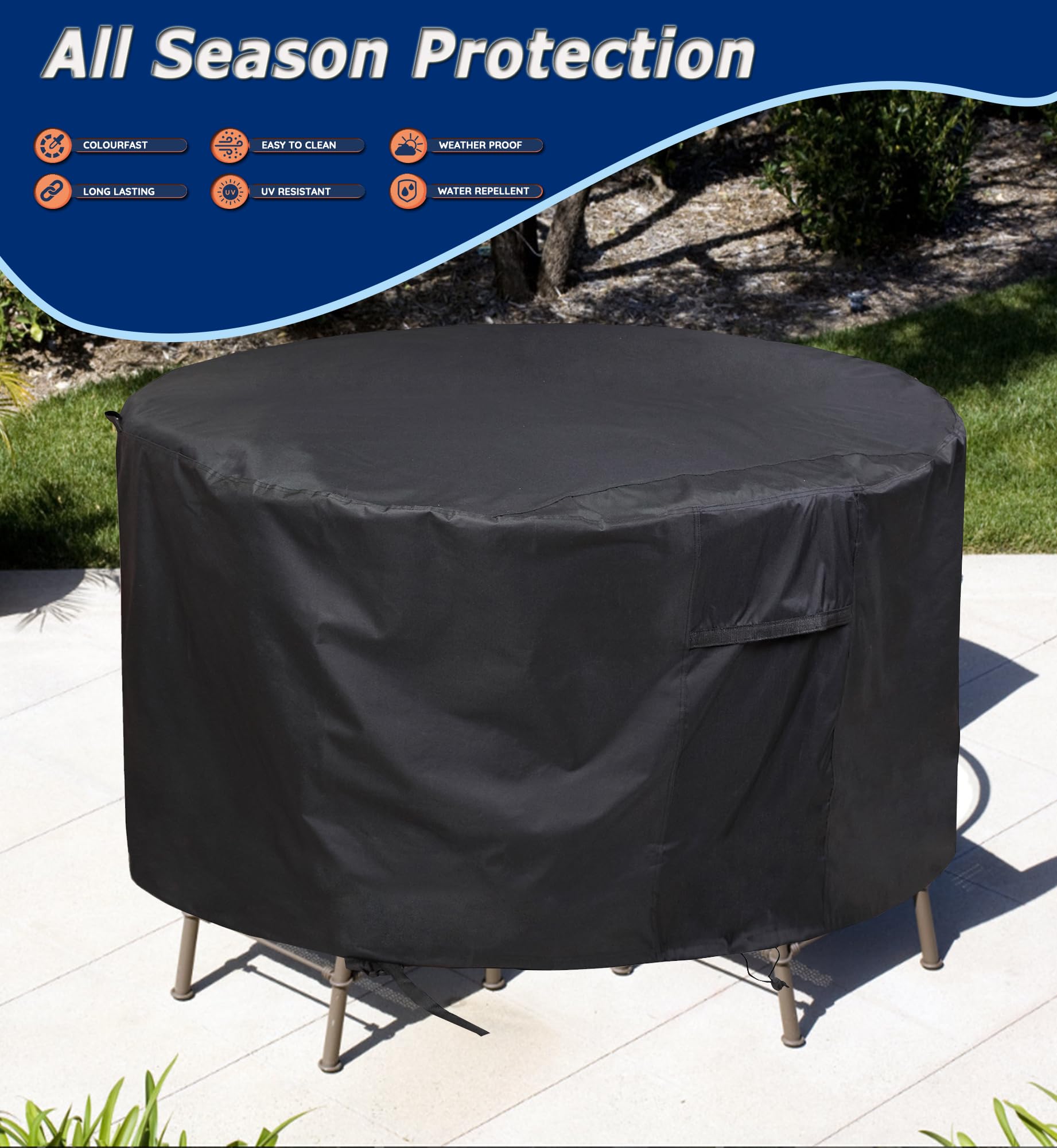 TIFILE round cover beside a chair showing 74 inch diameter scale for fit