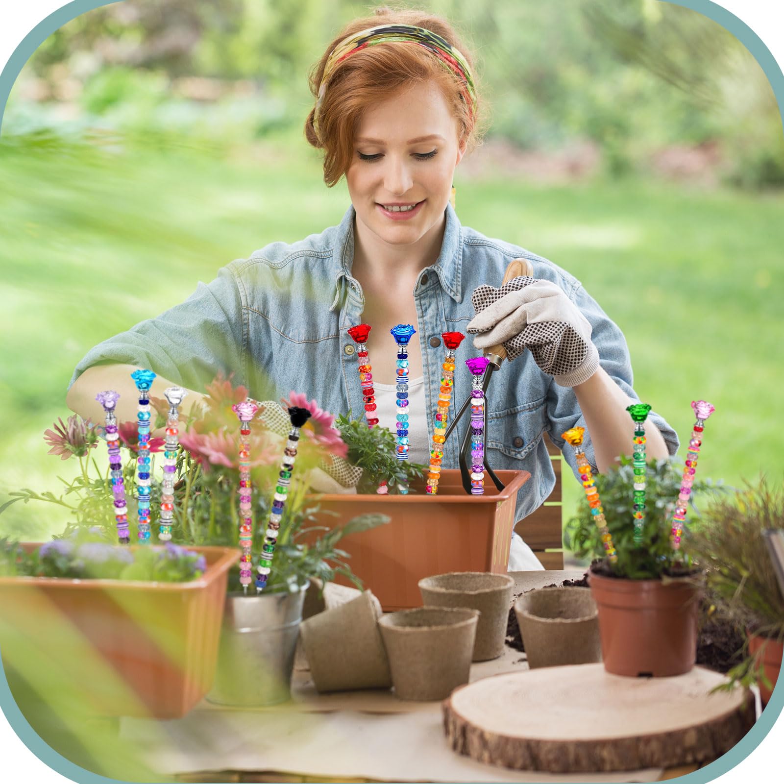 Tigeen assembled beaded stake placed in a flower pot showing decoration benefit: instant plant accent