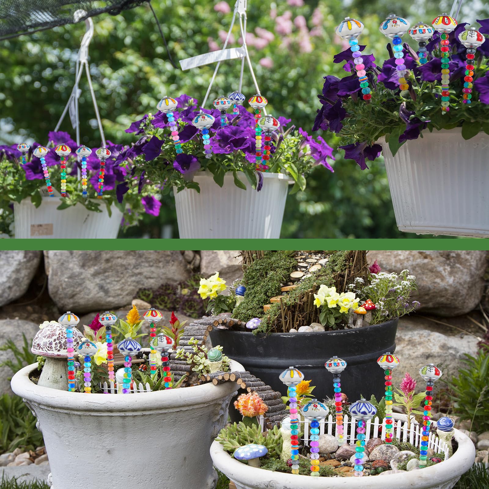 Tigeen multiple beaded wands along a garden border showing coordinated outdoor enhancement