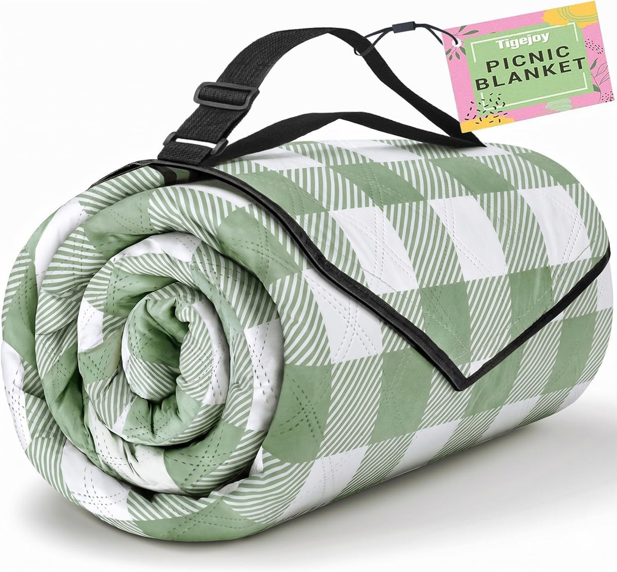TigeJoy front view of blanket folded, showing compact carry and strap benefit