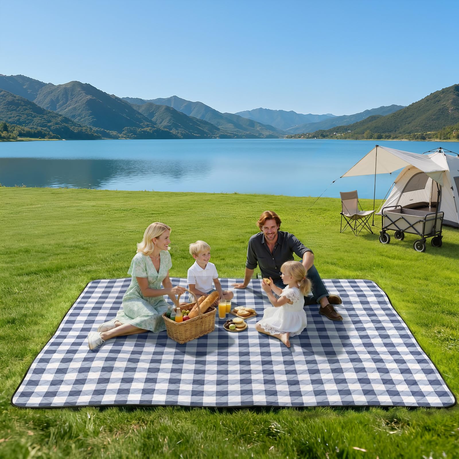 TigeJoy fully spread 80x80 blanket on grass for family comfort benefit