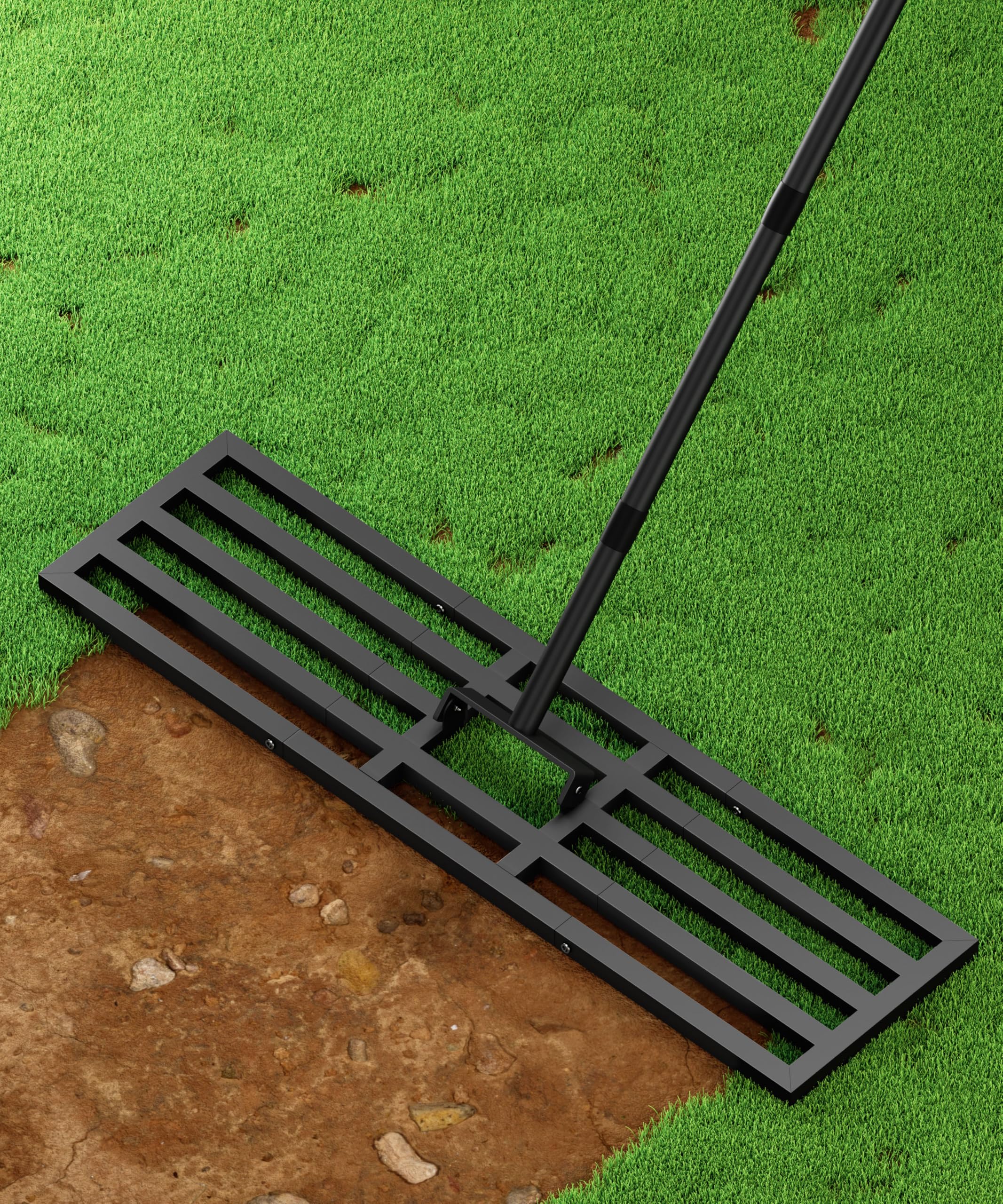 Tigerden front view of 44x10 inch lawn leveling rake showing full head benefiting faster coverage