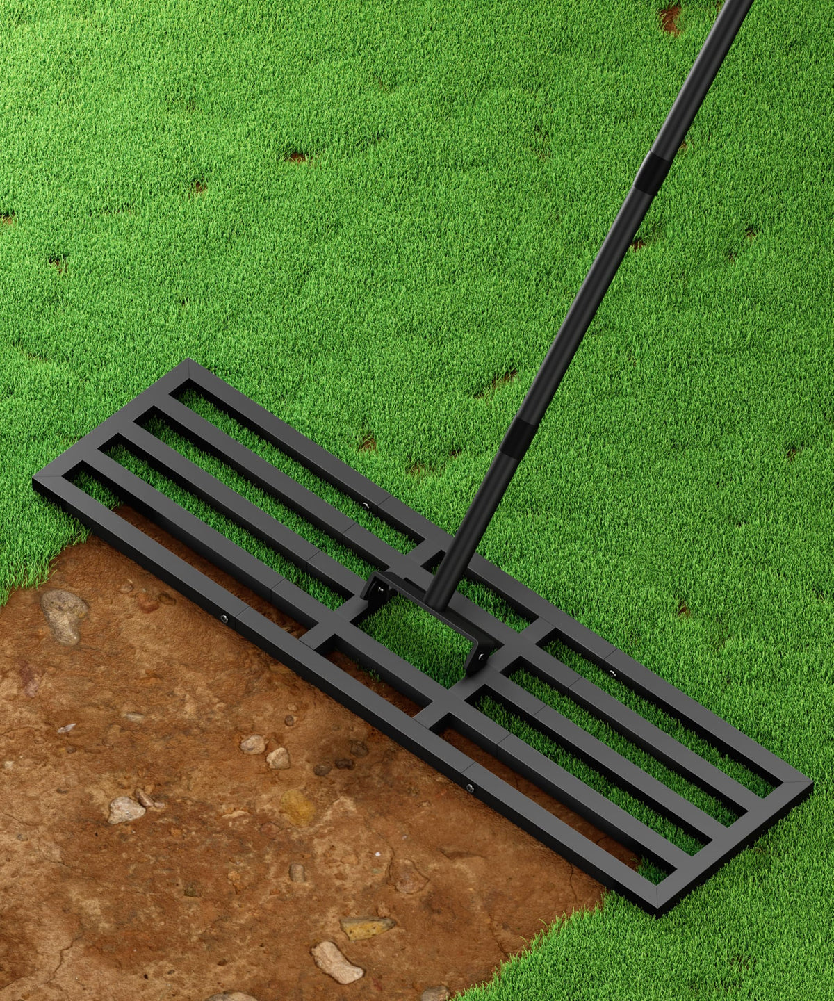 Tigerden front view of 44x10 inch lawn leveling rake showing full head benefiting faster coverage