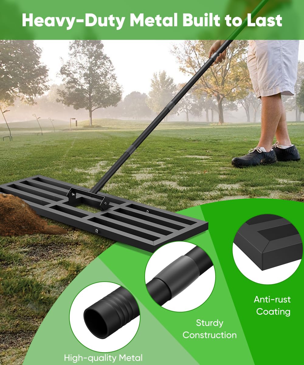 Tigerden rake in use smoothing soil and filling divots to create even lawn surfaces