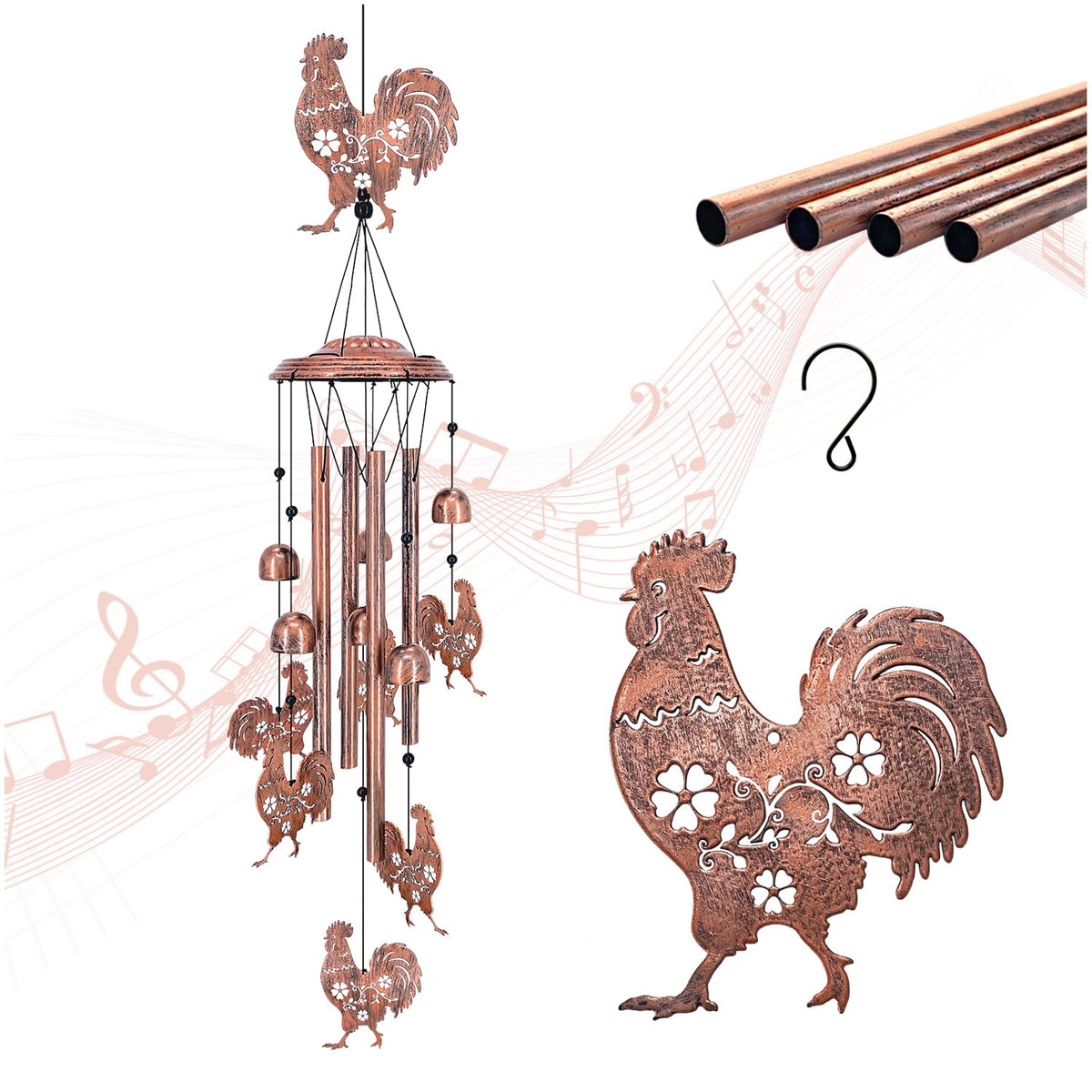 TIGGSY chicken wind chime front view showing antique bronze finish and rooster silhouette, decorative appeal