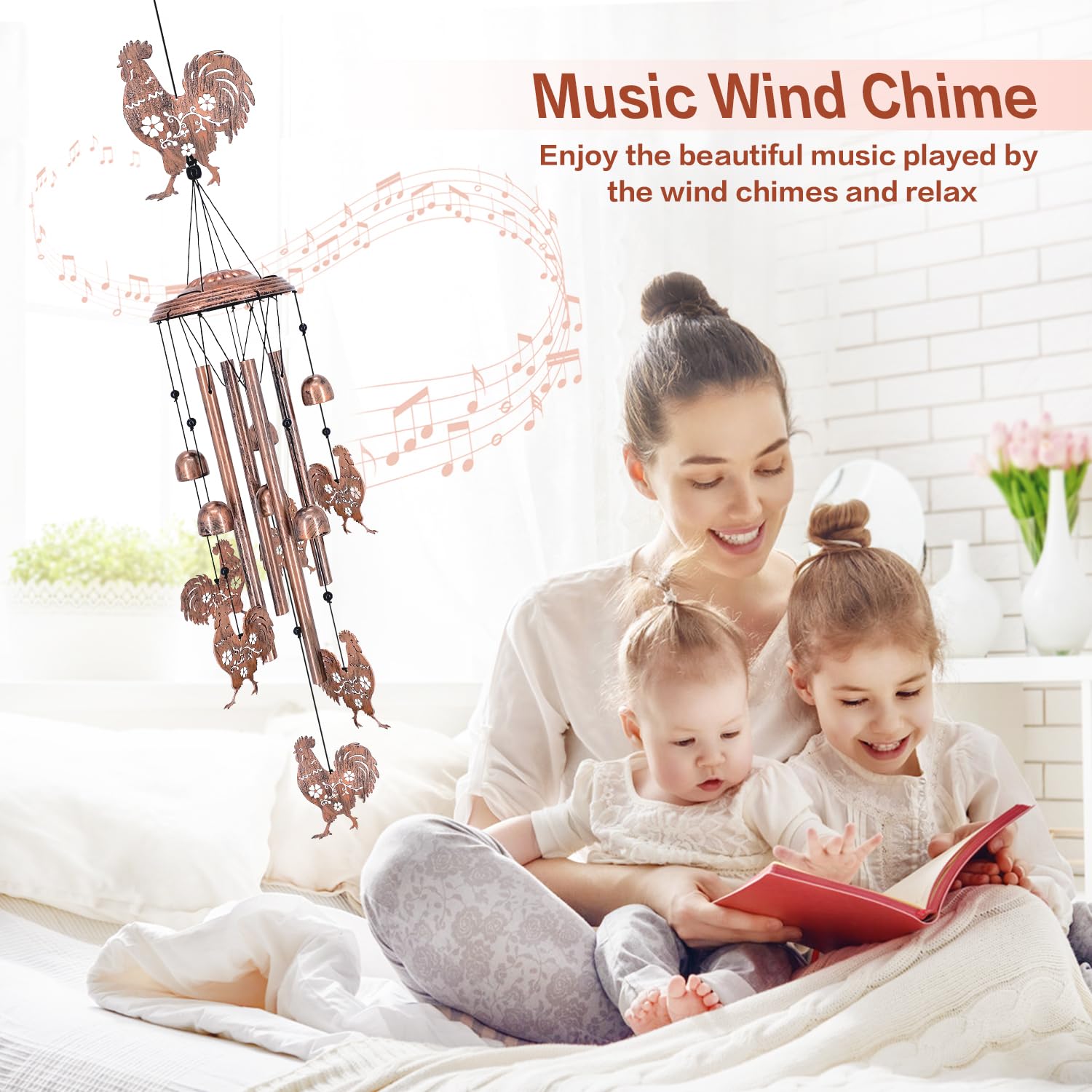 TIGGSY wind chime hanging on a porch beam creating gentle sound, enhances outdoor ambiance