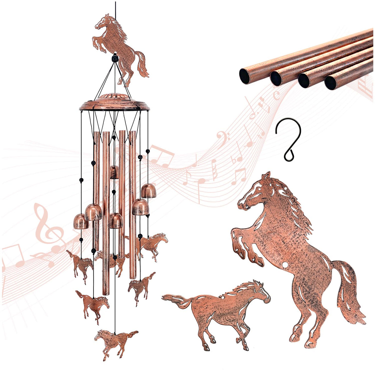 TIGGSY front view of horse wind chime showing full decorative design and durable finish