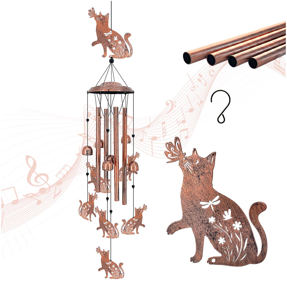 TIGGSY cat wind chime front view showing artistic cat silhouettes and bronze finish