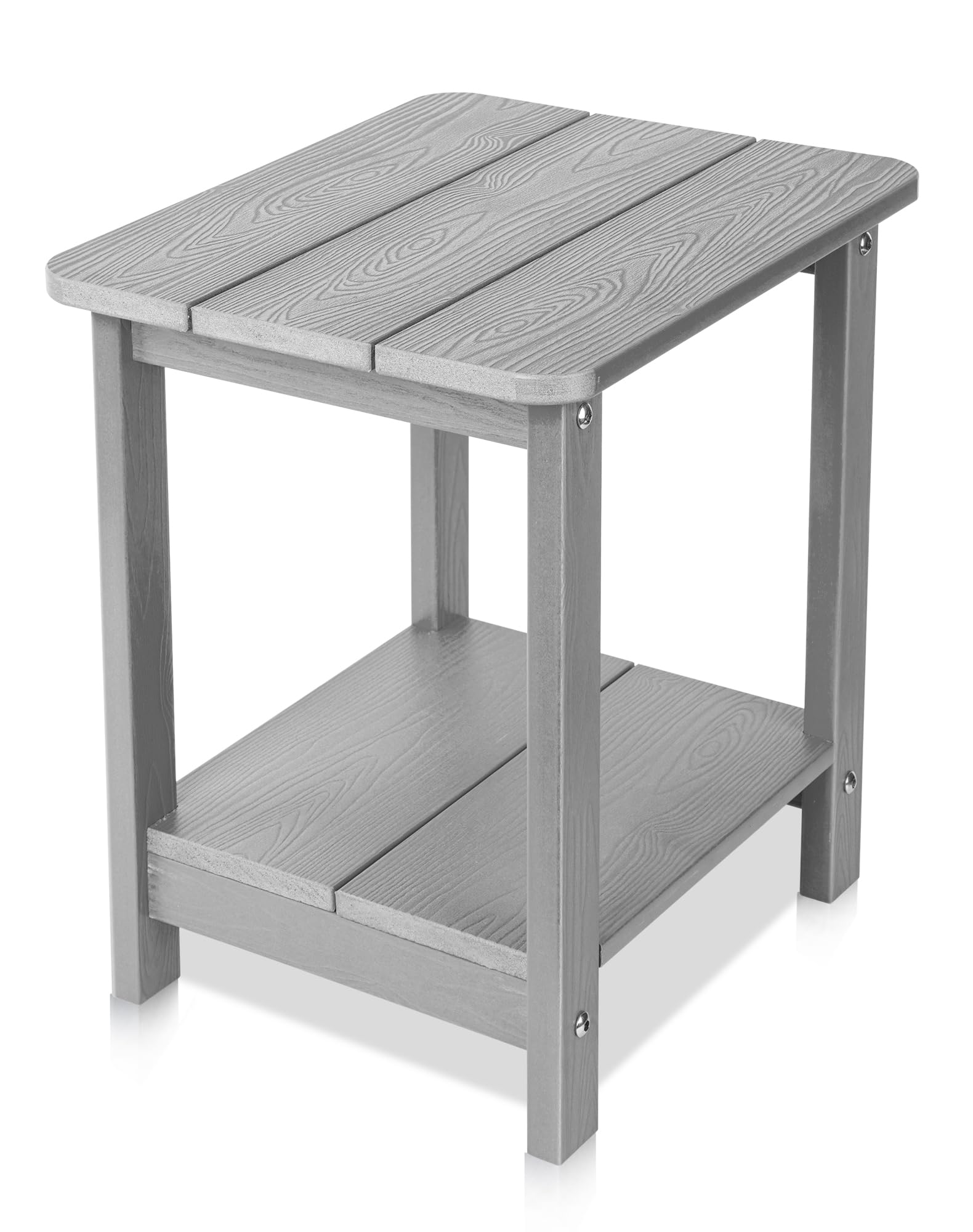 Tikea side table front view showing compact gray profile and durable surface