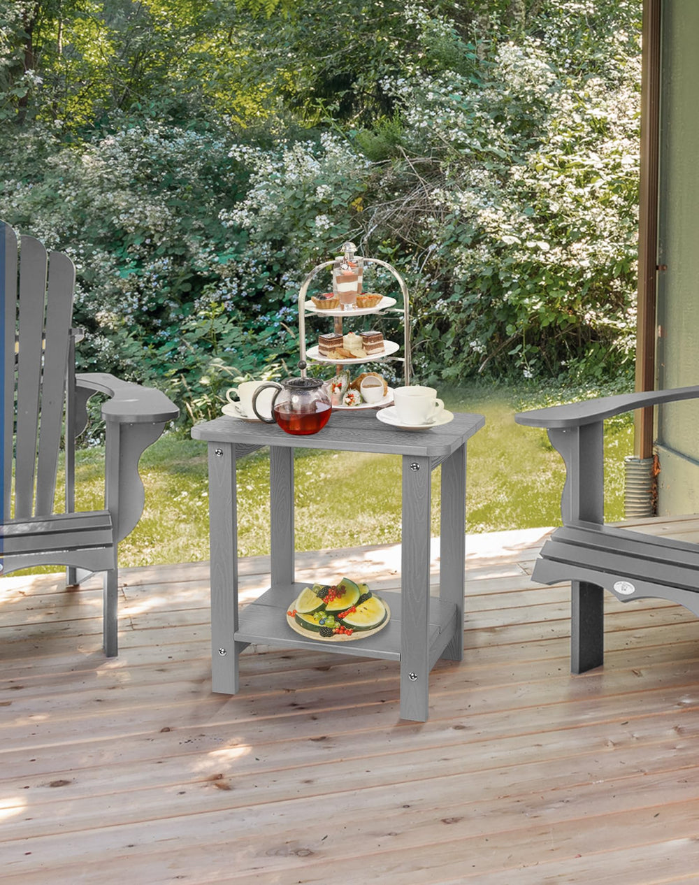 Tikea table in use on patio beside Adirondack chair demonstrating outdoor convenience