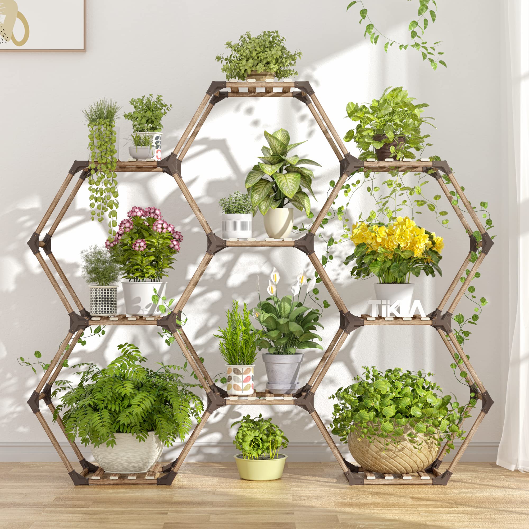Tikea front view hexagonal plant stand showcasing organized pots and stability