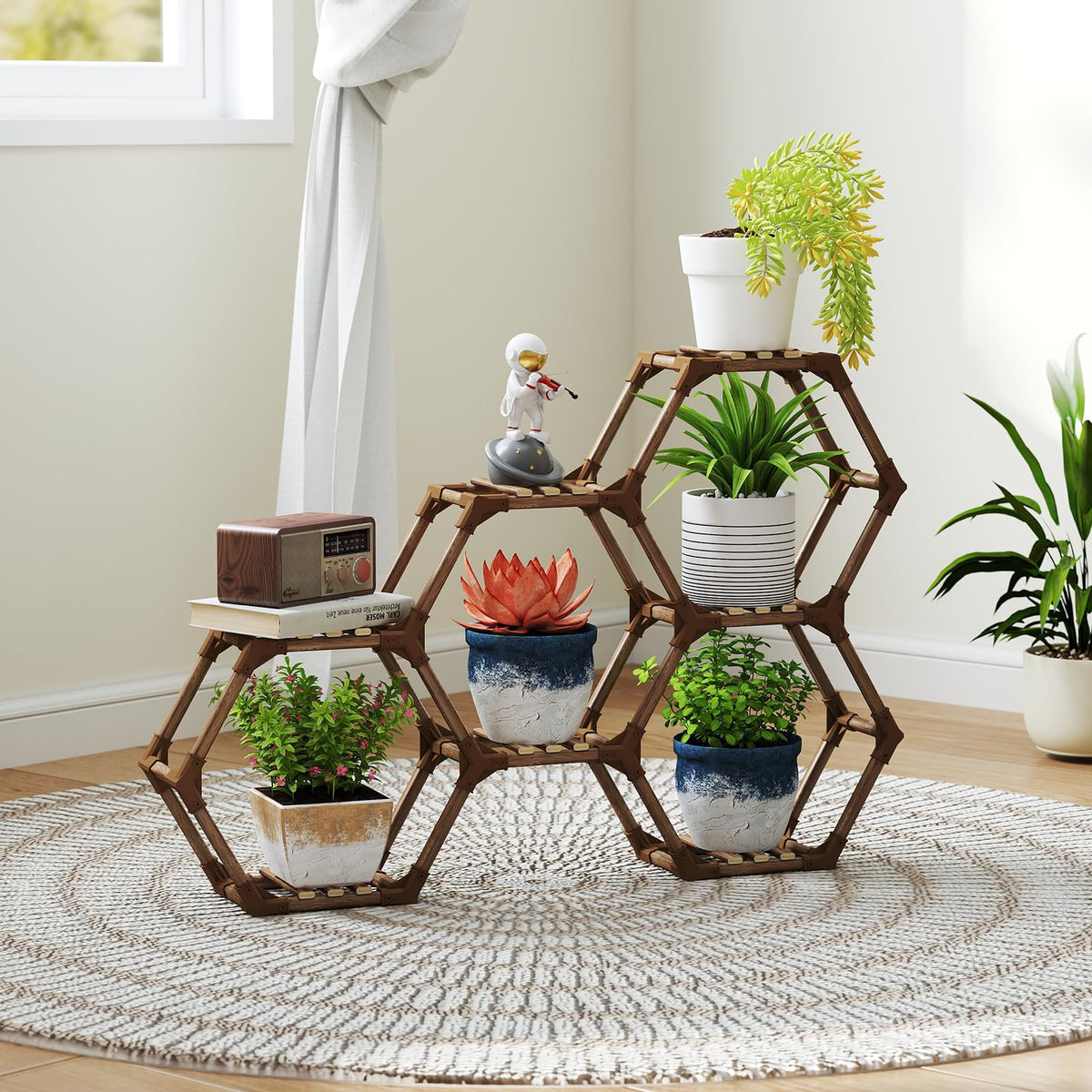 Tikea hexagonal plant stand front view showing seven-tier display and neat corner fit