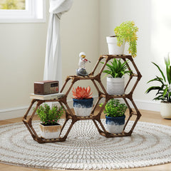 Tikea hexagonal plant stand front view showing seven-tier display and neat corner fit