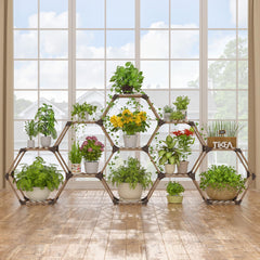 Tikea hexagonal plant stand front view showing natural wood and tiered storage benefit