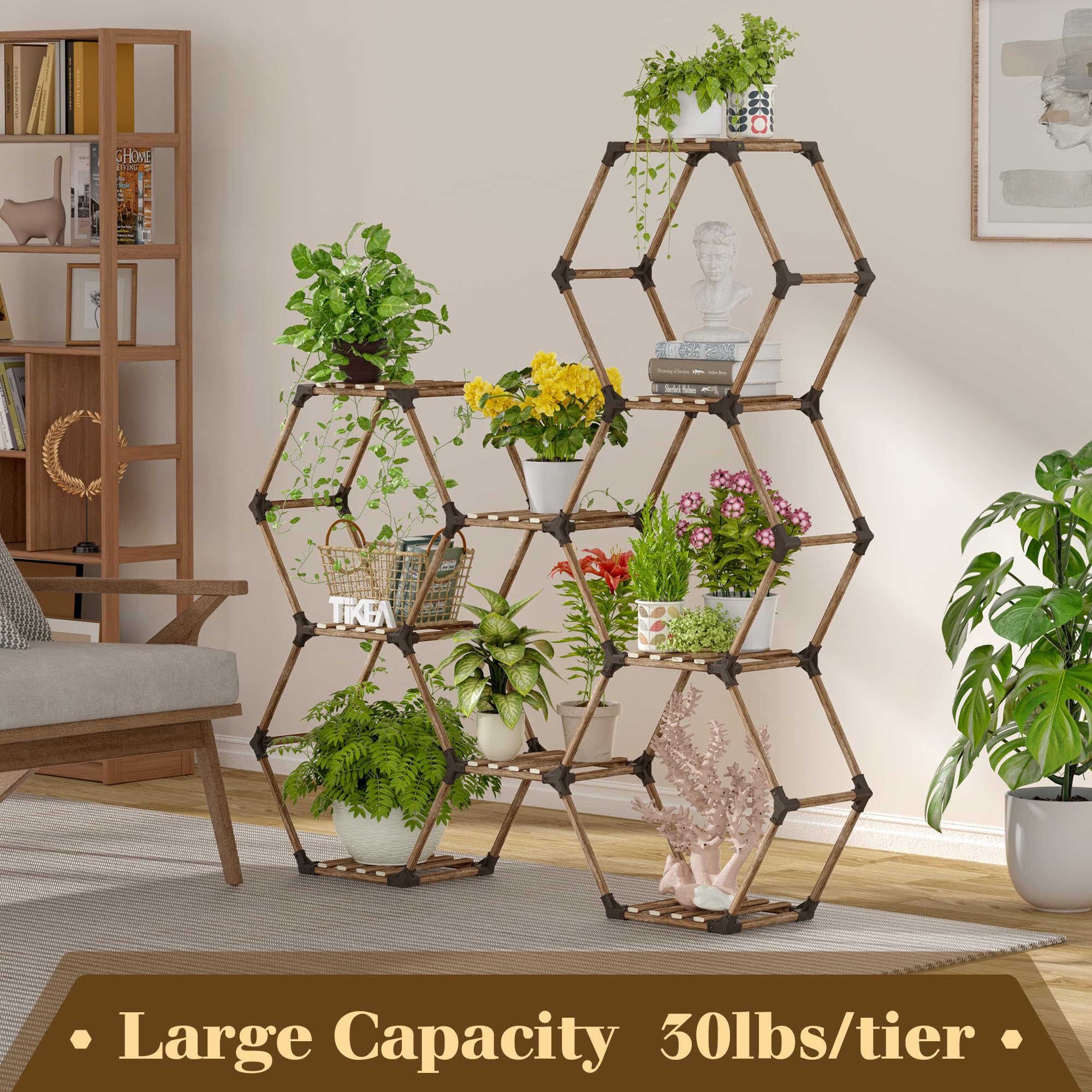 Tikea shelf loaded with potted plants demonstrating large-capacity display benefit