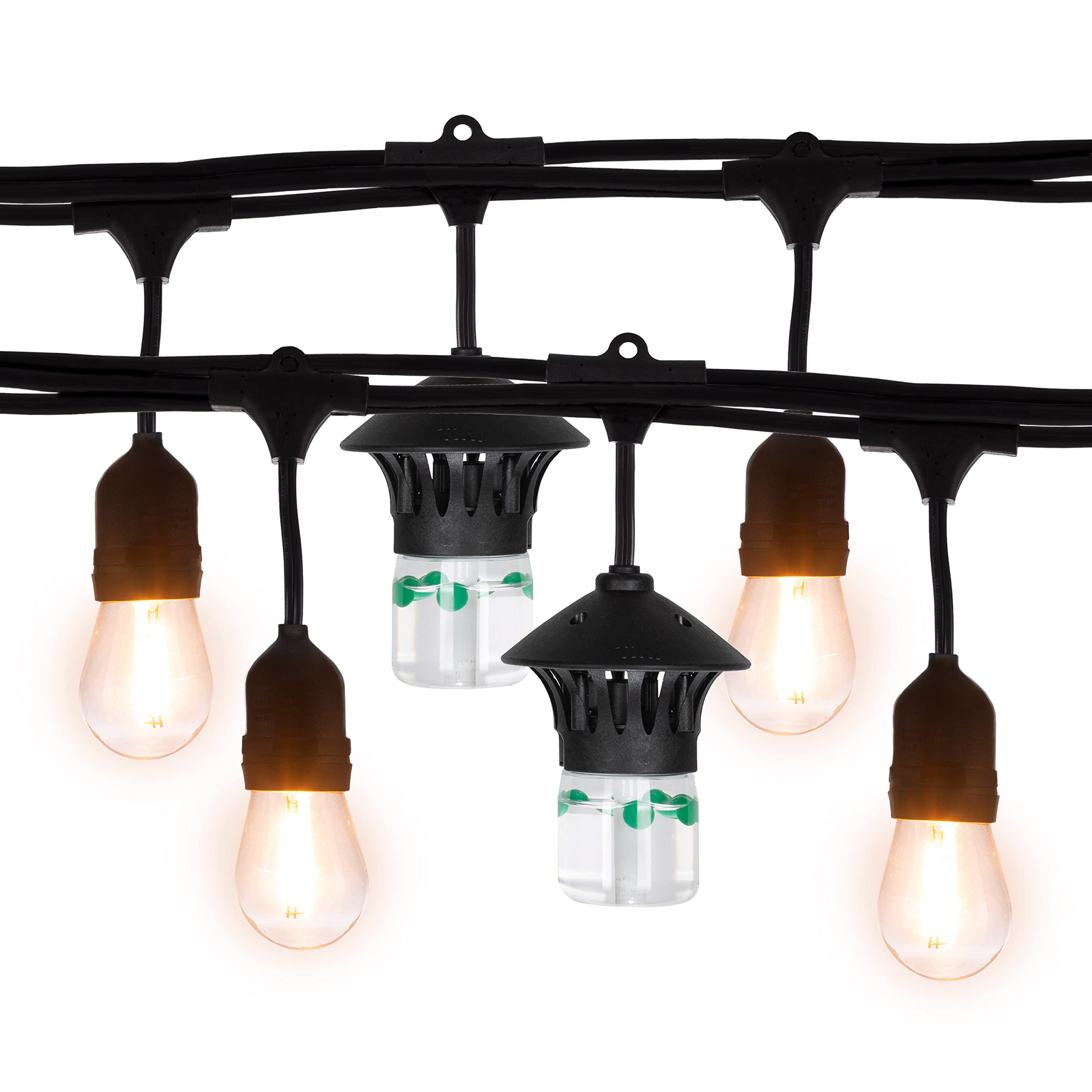 TIKI BiteFighter front view showing full 36 ft string lights and included pods for ambient light and pest reduction