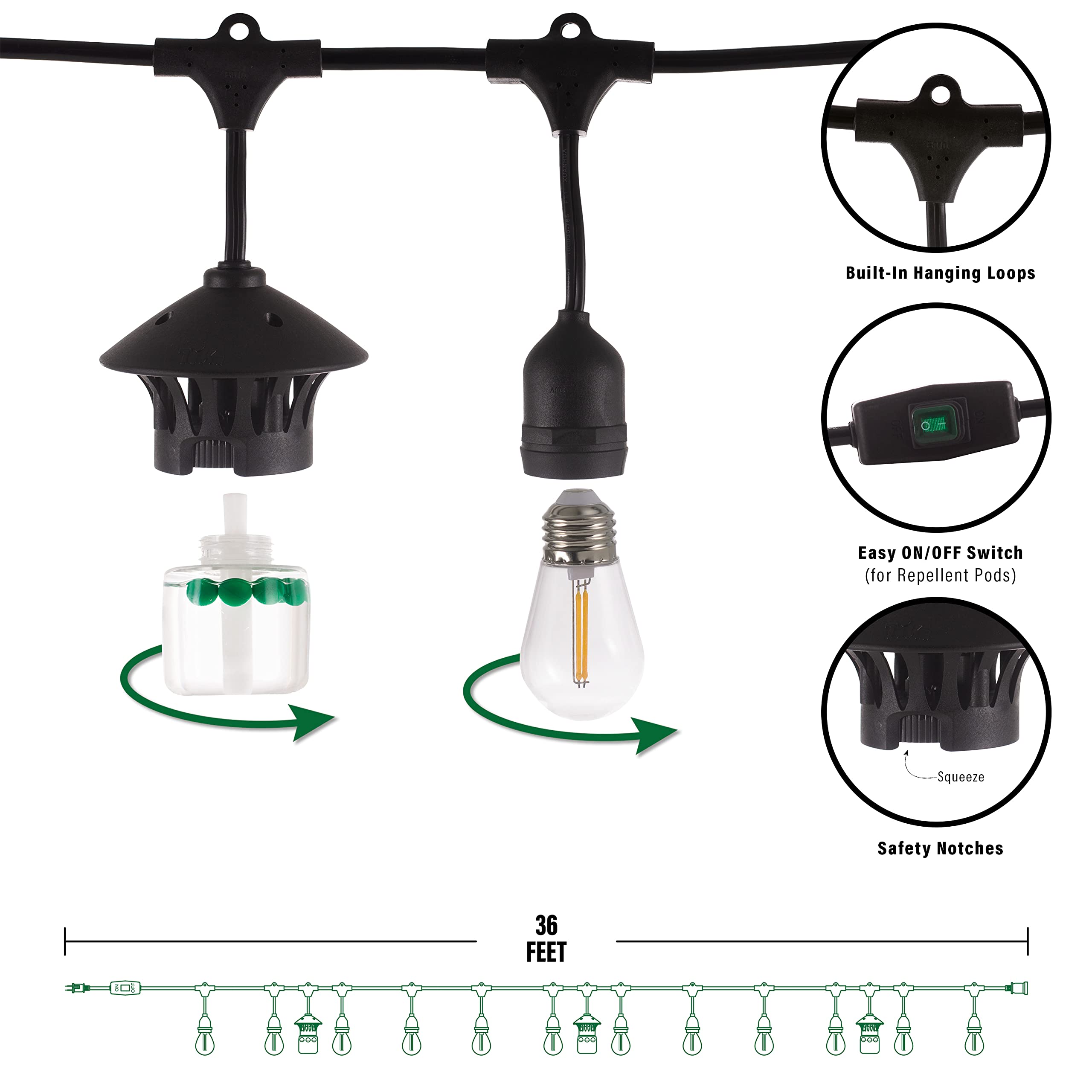 TIKI string lights hung over a patio showing warm lighting and reduced mosquito disturbance for outdoor gatherings