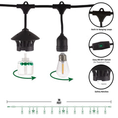 TIKI string lights hung over a patio showing warm lighting and reduced mosquito disturbance for outdoor gatherings