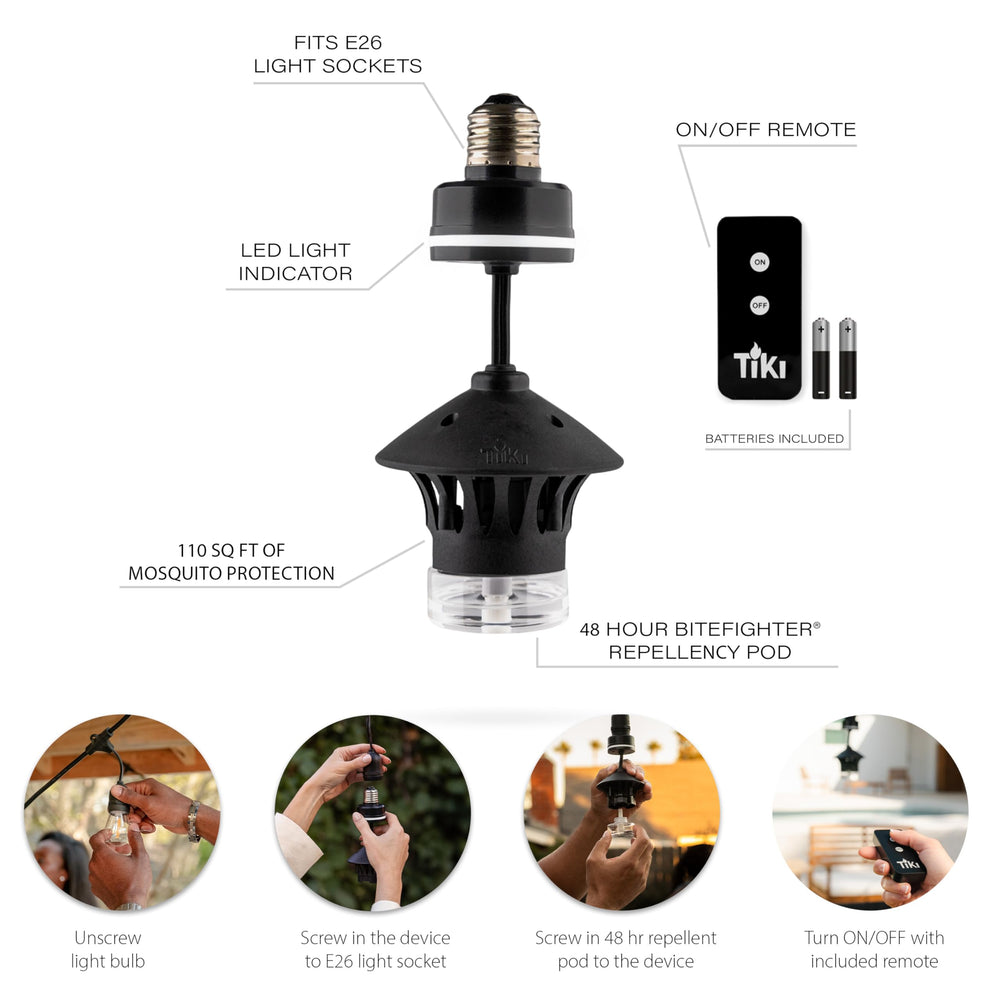 TIKI BiteFighter installed in string lights demonstrating hands-off mosquito relief