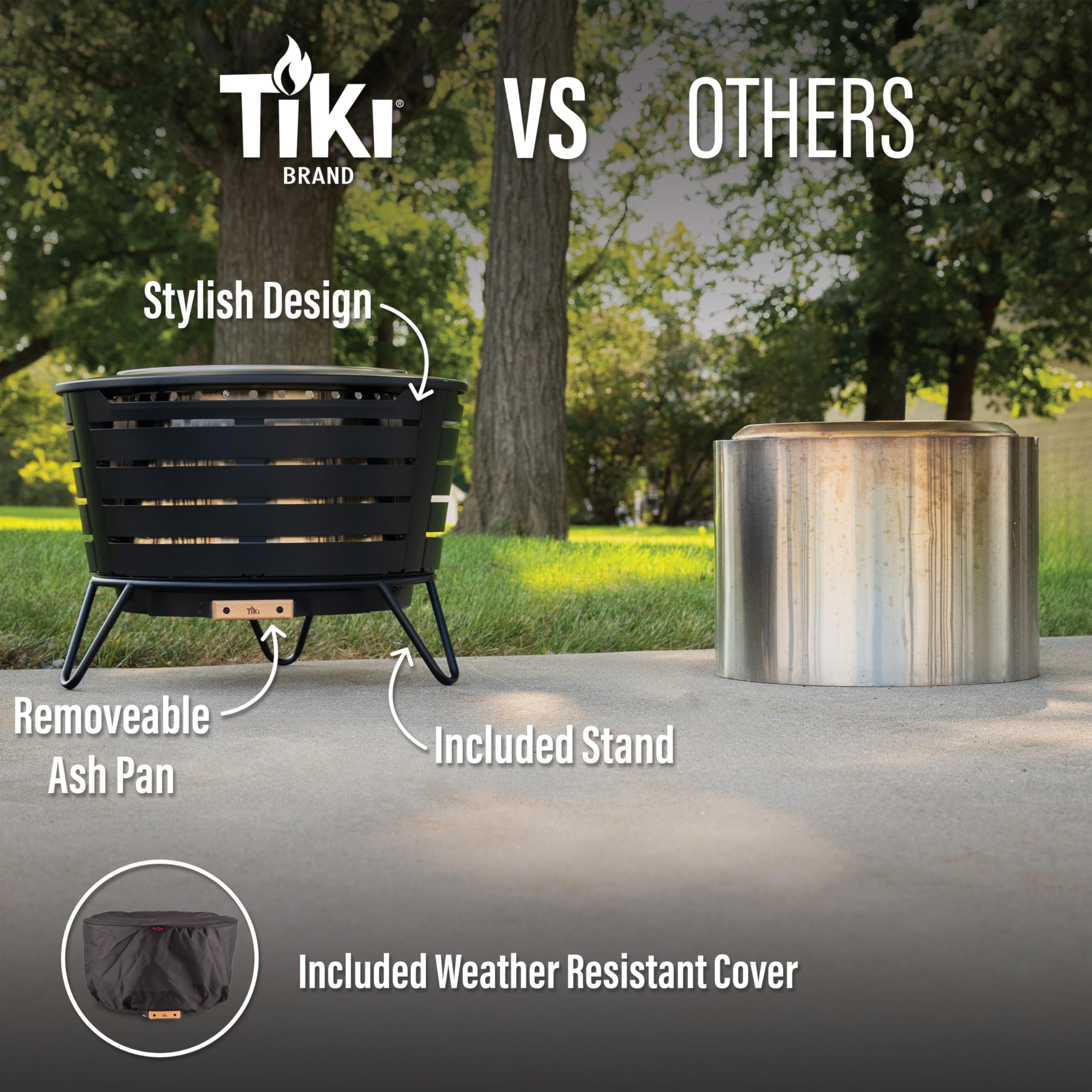 TIKI fire pit next to chair showing scale and four-foot heat radius