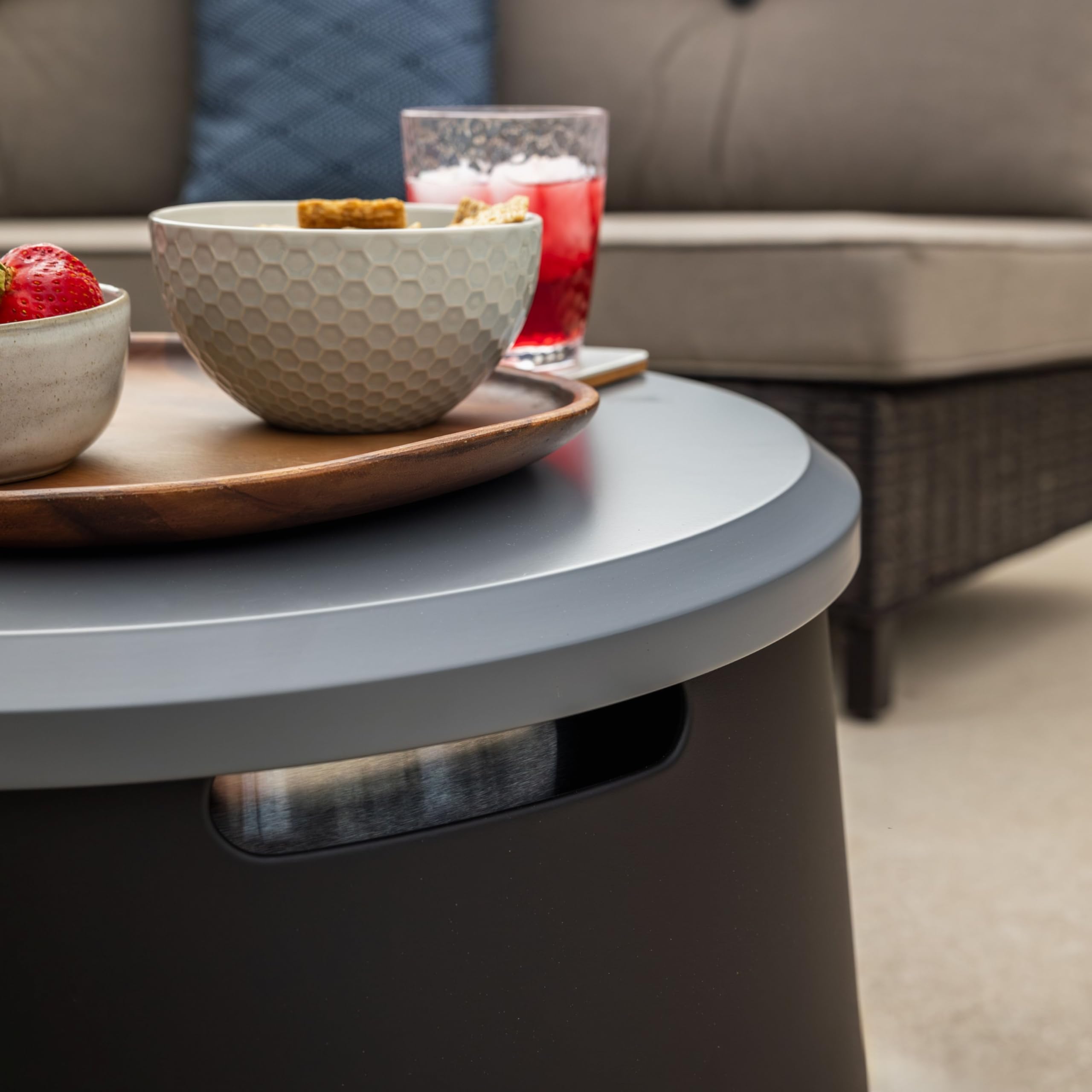 TIKI tabletop close-up of powder-coated steel texture for scratch resistance