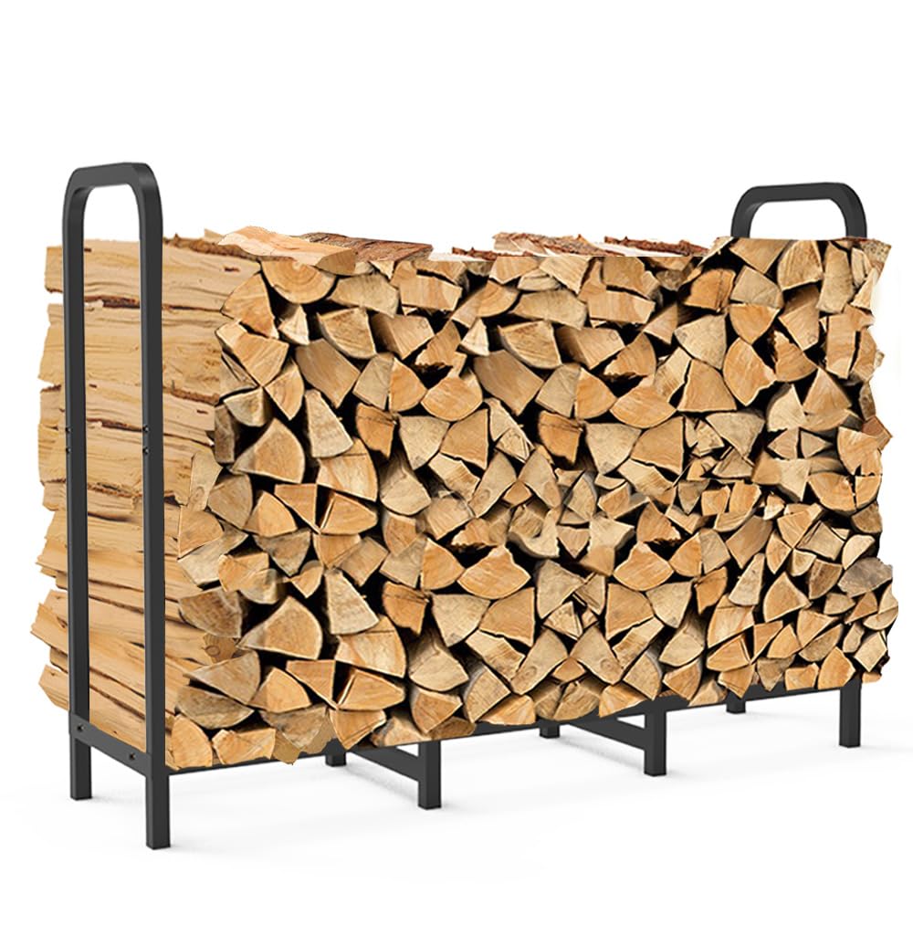 Tikimilor front view of 4ft firewood rack showing organized stack and easy access