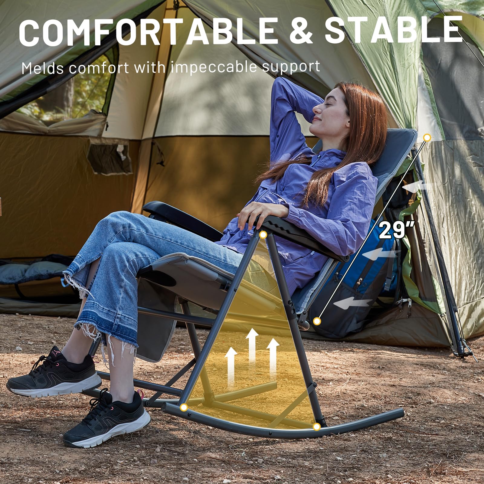 TIMBER RIDGE hard armrest and recline lever detail for easy standing and adjustment