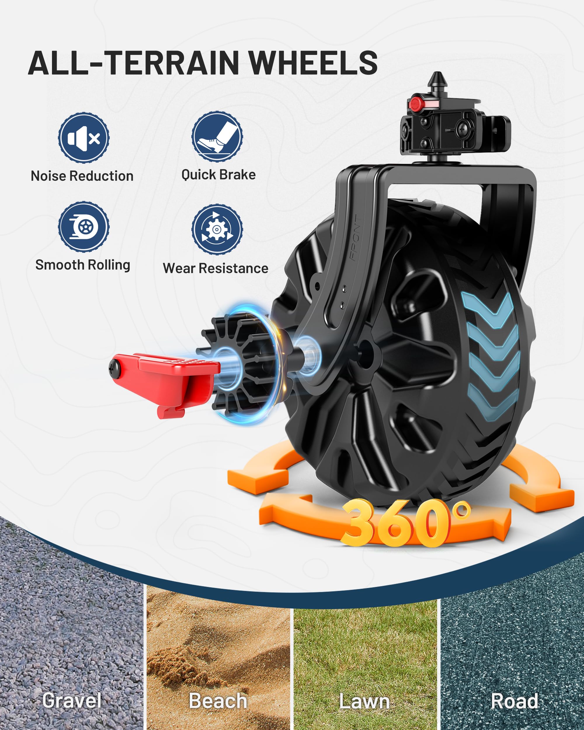 TIMBER RIDGE close-up of all-terrain rubber-tread wheel for smoother rolling and traction
