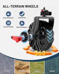 TIMBER RIDGE close-up of all-terrain rubber-tread wheel for smoother rolling and traction