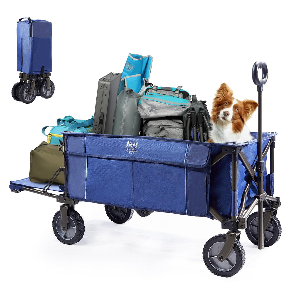 TIMBER RIDGE front view of open blue wagon showing cargo capacity and durability