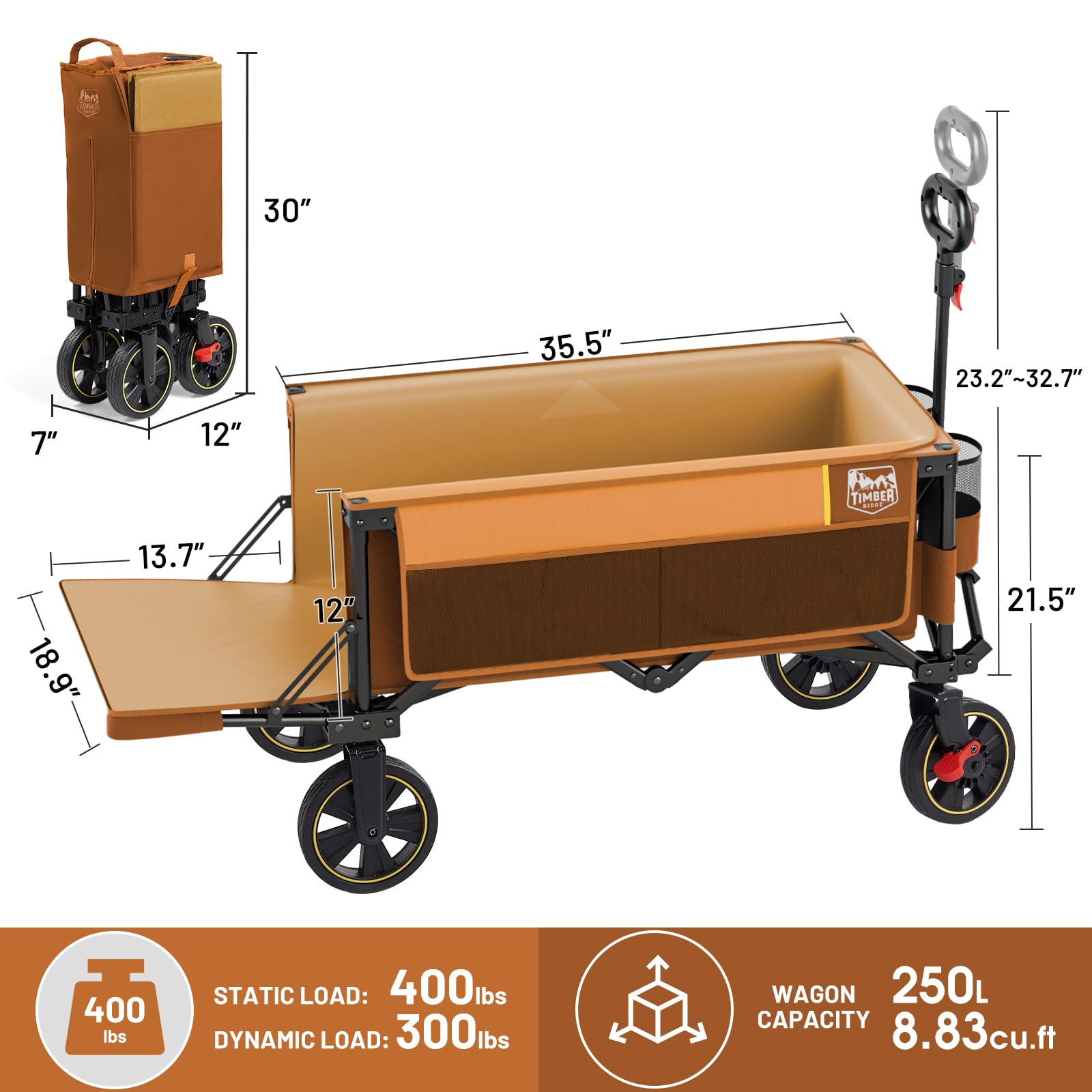 TIMBER RIDGE lifestyle camping scene with wagon hauling coolers and chairs