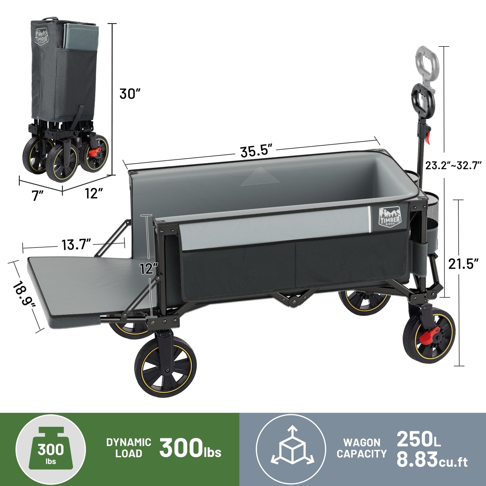 TIMBER RIDGE wagon beside car trunk showing folded size and travel-ready benefit
