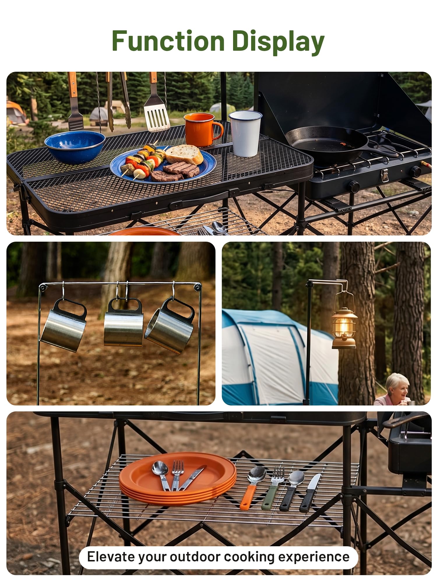 TIMBER RIDGE side shelf holding portable stove showing ready-to-cook benefit