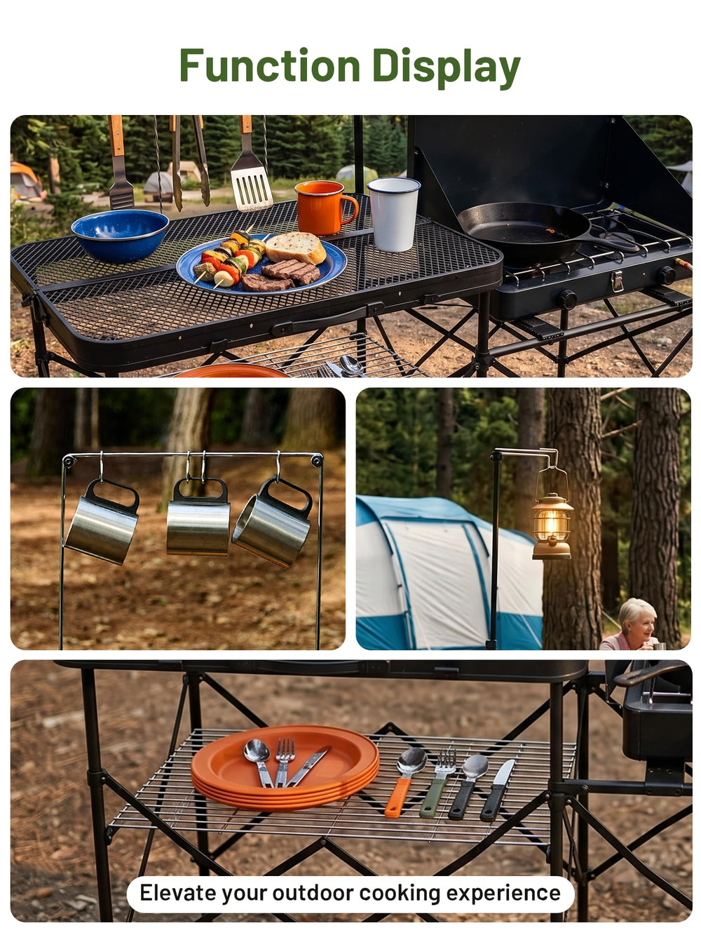TIMBER RIDGE side shelf holding portable stove showing ready-to-cook benefit