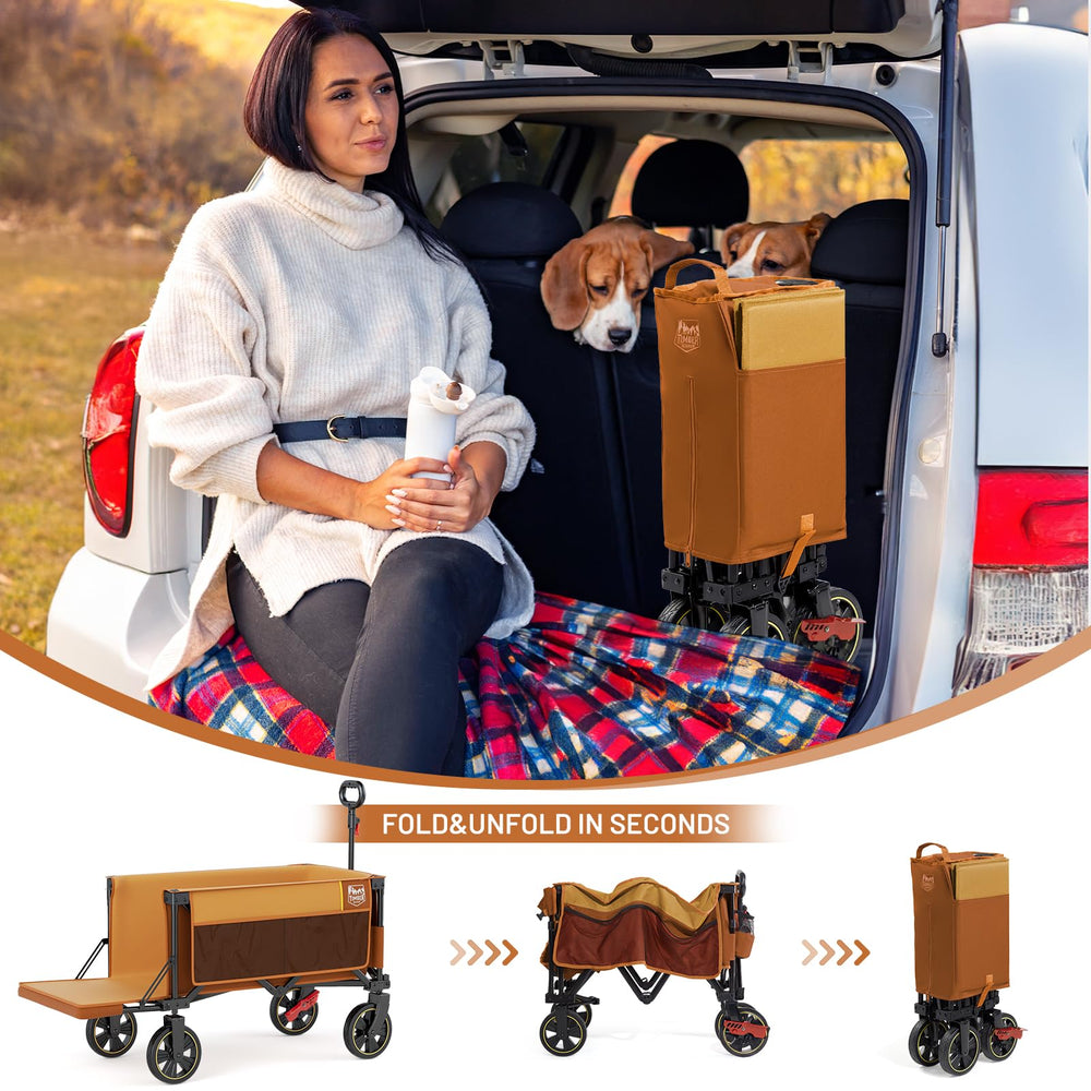 TIMBER RIDGE next to car trunk to show folded size and portability benefits