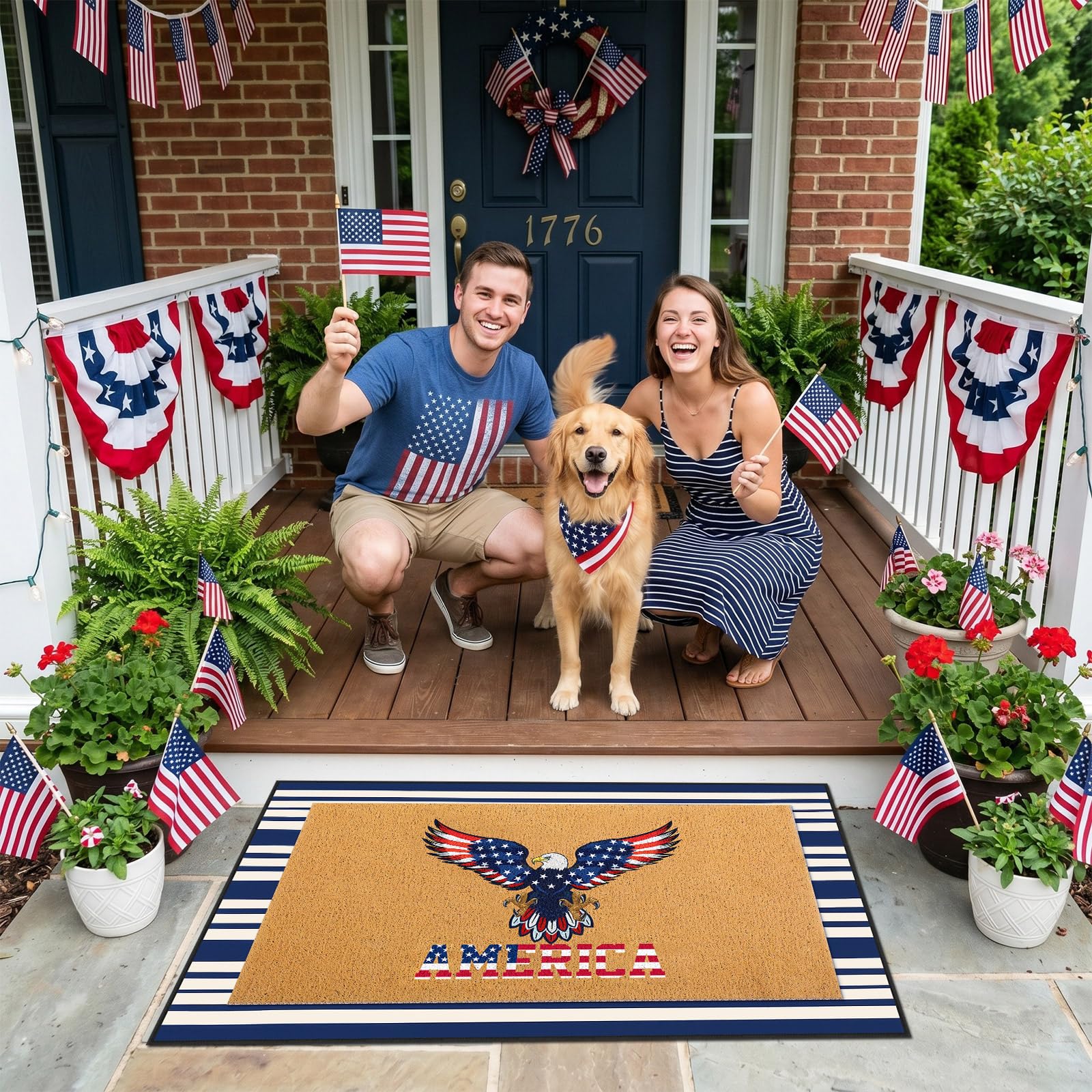 Timgle navy and white striped rug front view adding balanced coverage benefit