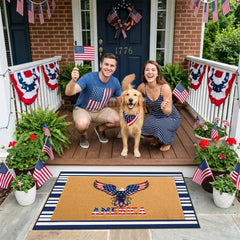 Timgle navy and white striped rug front view adding balanced coverage benefit