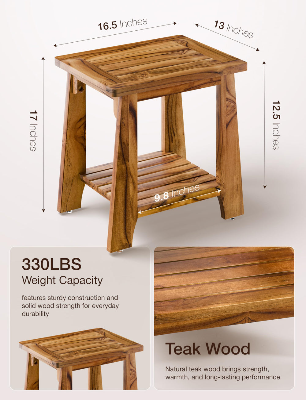 Tinamo close-up of teak grain and knots highlighting natural durability and finish