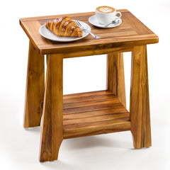 Tinamo teak side table front view showing sturdy two-tier storage and compact design