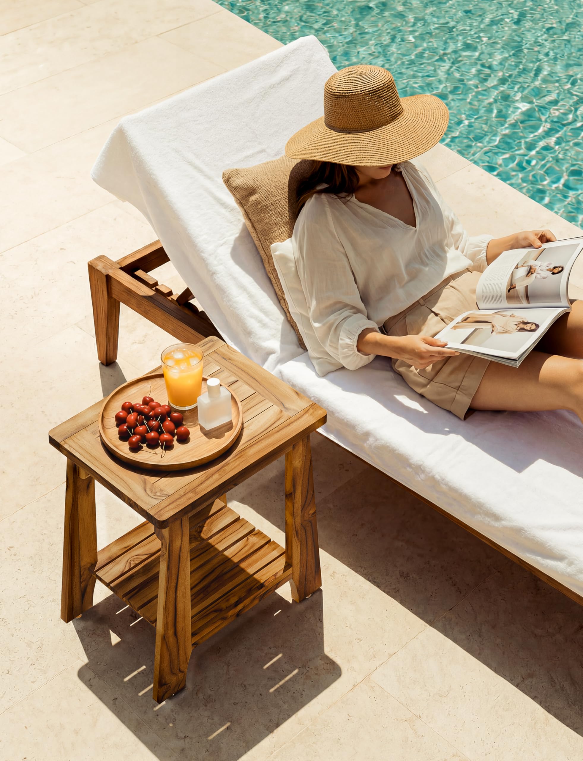 Tinamo teak side table in a patio setting showing versatile styling and convenience
