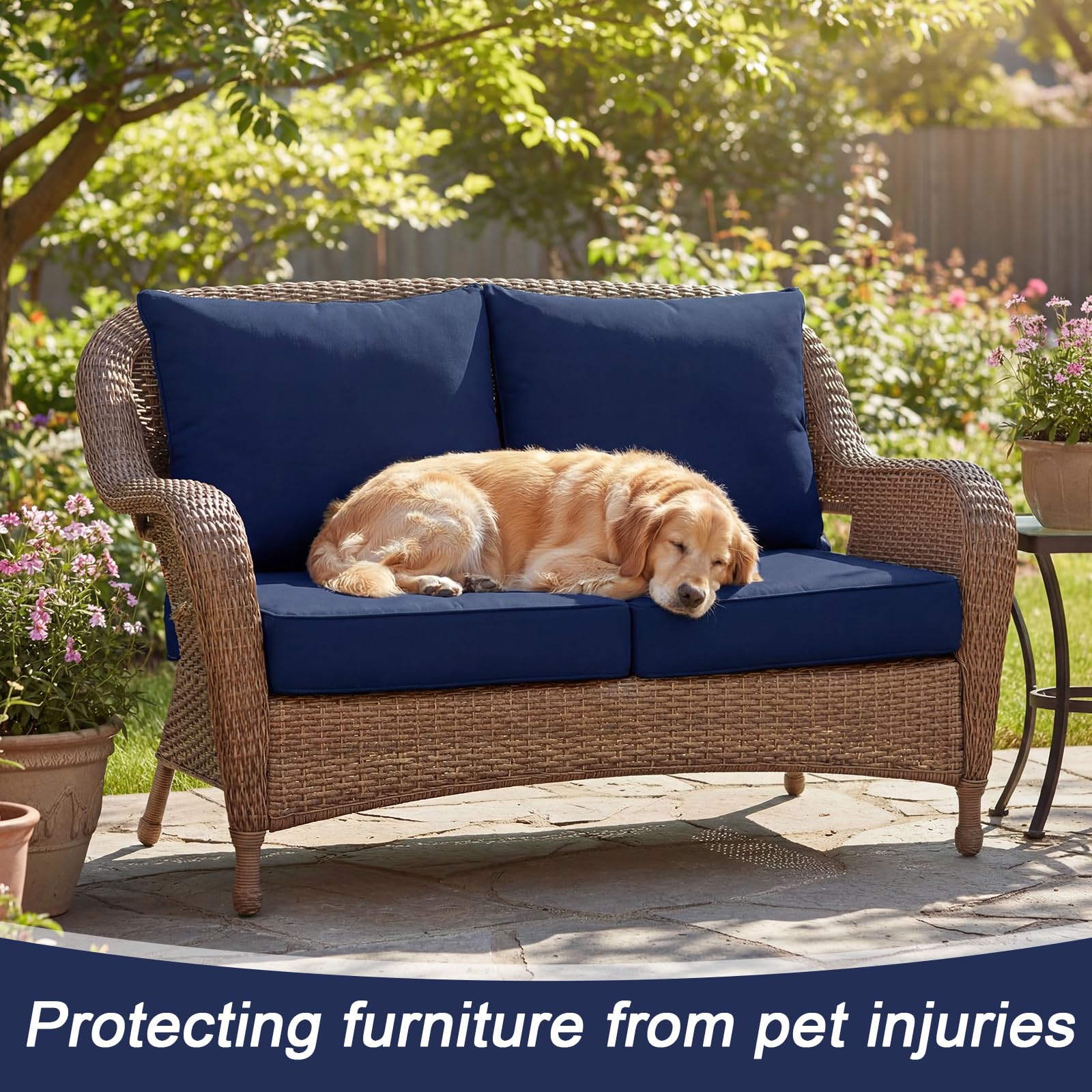 Tingjoo navy covers styled on a deck showing refreshed patio aesthetic