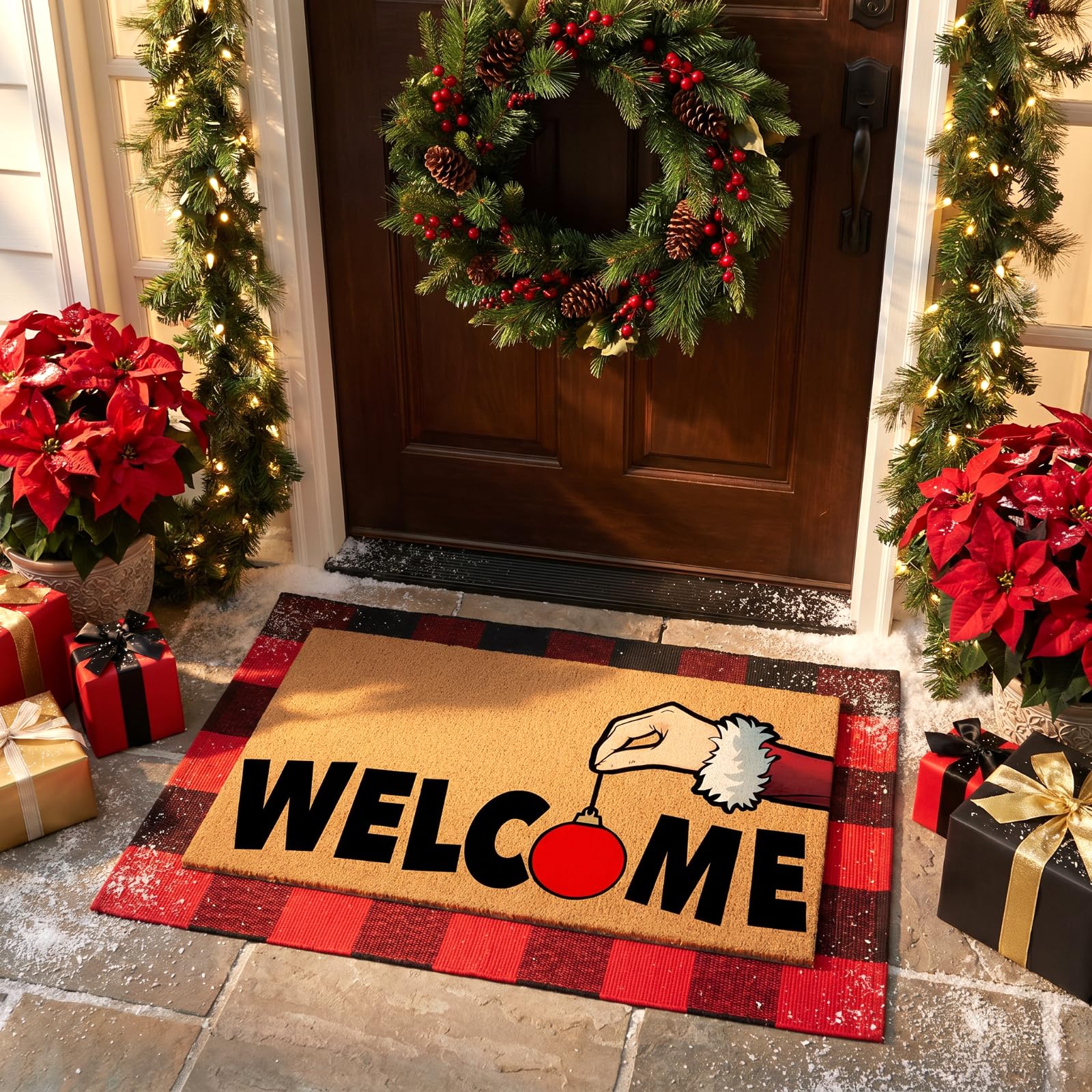 Tinideya close-up of checkered "Welcome" print highlighting clear lettering