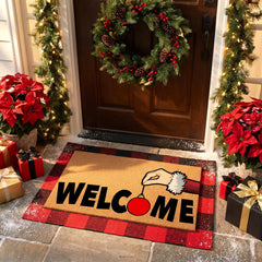 Tinideya close-up of checkered "Welcome" print highlighting clear lettering