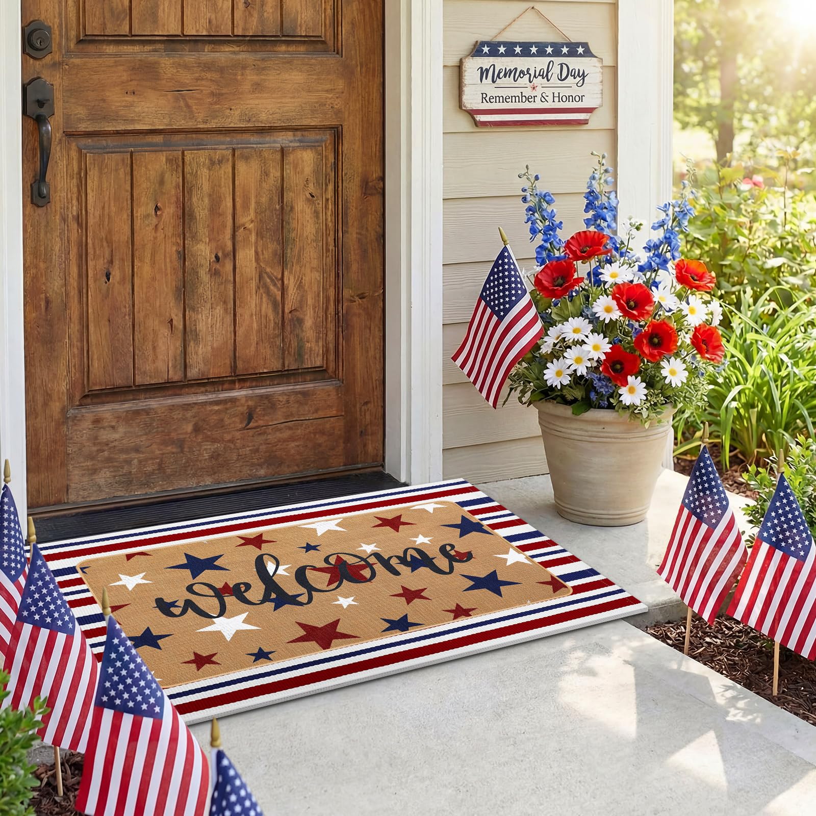 Tinideya felpudo decorado en entrada con plantas, realza estilo patriótico